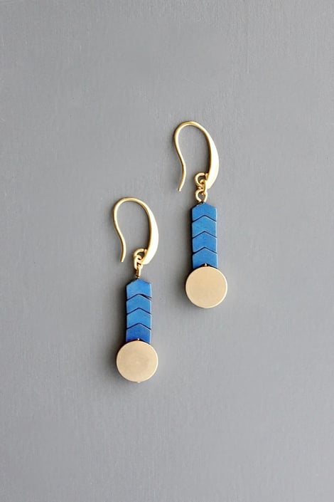 Blue Hematite and Brass Disc Earrings
