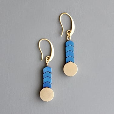 Blue Hematite and Brass Disc Earrings