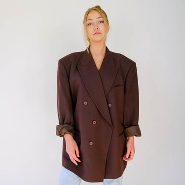 Vintage 80s Carlo Cravalli Chocolate Brown Double Breasted Wool Gabardine Blazer | Balenciaga Fit, Streetwear | 1980s Boxy Unisex Jacket 