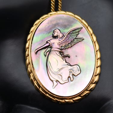 80's carved abalone gold plate angel pendant, ethereal winged woman opera length curb chain necklace 