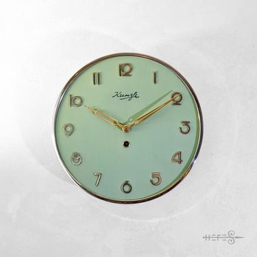 Kienzle Art Deco 1950s Sea Foam Color Chrome Numerals Brass & Wood Vintage Luxury 