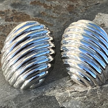 Vintage Sterling Silver Domed Oval Lined Post Earrings From Mexico 