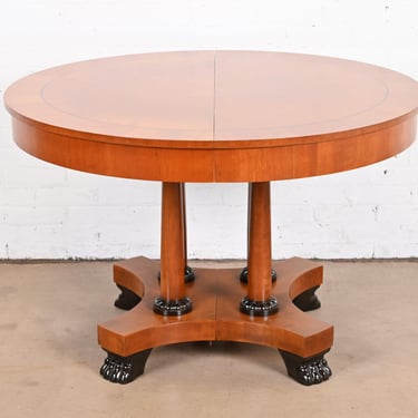 Baker Furniture Neoclassical Cherry Wood and Parcel Ebonized Extension Pedestal Dining Table, Newly Refinished