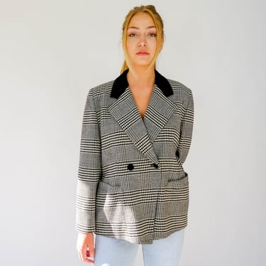 Vintage 80s ESCADA Black & White Houndstooth Plaid Double Breasted Blazer w/ Velvet Accents | Made in W. Germany | 1980s Designer Jacket 