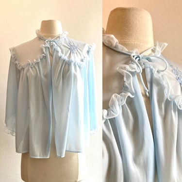 Vintage 60s SHEER RUFFLED BED Jacket / Cropped + Tie + Embroidered Detail 