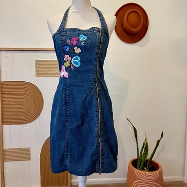 Vintage Y2K Cotton Blue Denim Floral Embroidered Zip Up Halter Mini Dress - M 