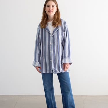 Vintage Blue White Striped Shirt Jacket | Unisex Flannel Stripe Cotton Pajama Chore shirt | M | SJ030 