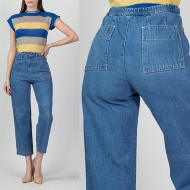 70s 80s Sailor Utility Jeans - Small, 25"-27" | Vintage Medium Wash Denim Elastic Waist Straight Leg Jeas 
