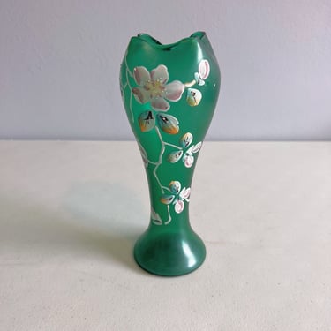 Antique Rindskopf Hand Painted Floral Enamel Green Glass Vase Quatra Pinch Top 