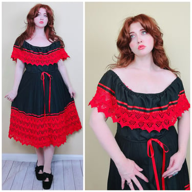 1980s Vintage Cotton Blend Lace Off Shoulder Dress / 80s Red and Black Ribbon Ruffled Sundress / Large - XL 