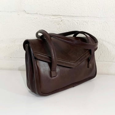 Vintage Handbag Bag Faux Leather 1970s 1960s Purse Satchel Brown Gold Vinyl Structured Evening Minimalist Minimal 