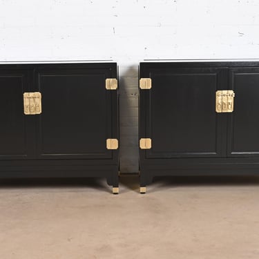 Michael Taylor for Baker Furniture Hollywood Regency Chinoiserie Black Lacquered Bar Cabinets, Newly Refinished