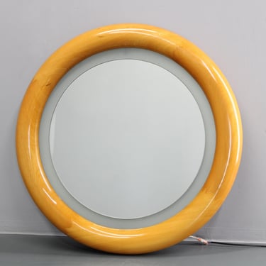 1970s Italian Round Mirror in Wooden Frame with Light / Vintage Mirror / Wood 