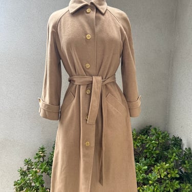 Vintage cashmere wool coat camel plus acetate lined pockets Sz Small by Jaeger 