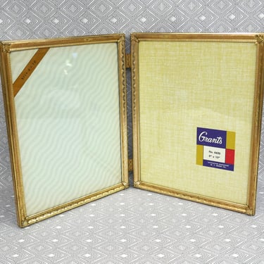 Vintage Hinged Double Picture Frame - Worn Gold Tone Metal w/ Glass - Holds Two 8