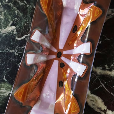 Rare Mid-Century Signed Frances and Michael Higgins Pink Pearlescent Glass Tray Fused Art Dish Orange 