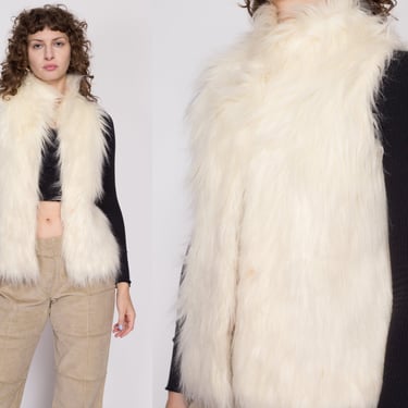 Small 90s White Shaggy Faux Fur Vest | Vintage Kenar Glam Sleeveless Fuzzy Jacket 