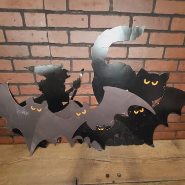 Vintage 1989 Hallmark Cards Paper/Cardboard Set of 6 Black Bat, Cat and Witch Decorations 