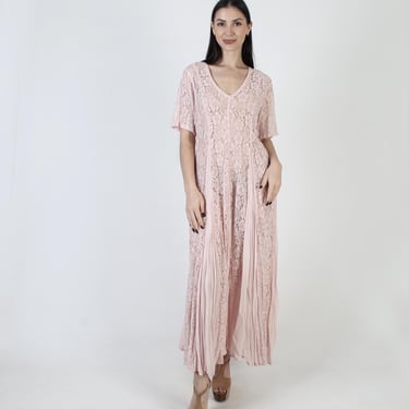 90s Pink Grunge Dress, Sheer Lace Gypsy Maxi, See Through Fabric, Womens Y2K Sundress 