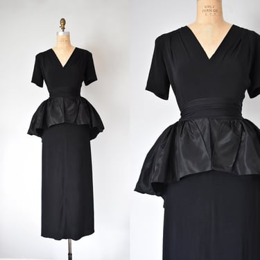 Claudette 1940s peplum evening dress, plus size vintage 1940s dress, vintage evening gown, old hollywood black maxi dress, 1950s dress 