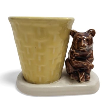 Vintage Ceramic Brown Bear & Basket Planter, Succulents Cacit Small Plant Pot, Mid Century Toothpick Whatnot Holder, Kitsch Decor 