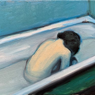 Original Oil Painting - Oil on Canvas - Nude Female - Bathing - Bathtub - Blue Bathroom - 9x12 inches - Fine Art 