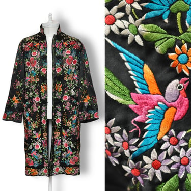 Vintage Chinese Embroidered Duster Coat Size 8 Medium Black Silk Floral Print 