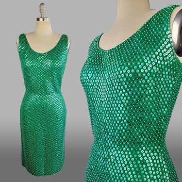 1960s Gene Shelly / 1960s Green Sequin Wiggle Dress / Green Party Dress / Green Sequined Dress / Size Small Size Medium 