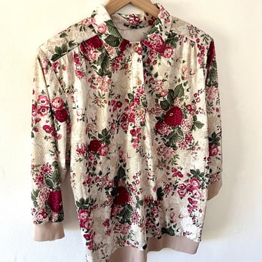 plus size vintage floral polo shirt / 1970s short sleeve top / plus size silky 70s blouse / 80s vintage plus size shirt / size 18 size 20 