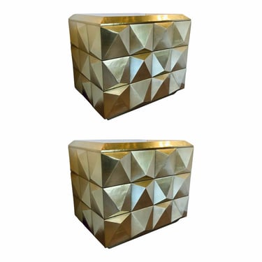 Baker Luxe Collection Modern Brass Foil Finished Facet Chests Pair