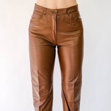 Vintage 80s Pia Rucci Chocolate Brown High Waisted Tapered Leg Leather Pants | 100% Genuine Leather | 1980s Designer Womens Leather Pants 