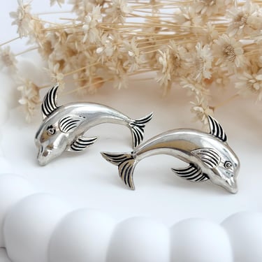 Dolphin Figural Silver Toned Vintage Textured 3 Dimensional XL Nautical Stud Earrings 