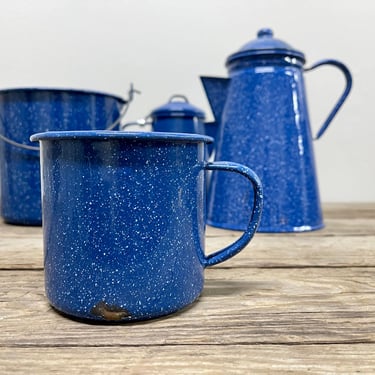 Blue Enamel Speckleware Cup with Handle  | Graniteware Coffee Cup Mug | French Farmhouse | Camping Dishes | European Enamelware 
