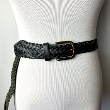 90’s black leather belt~ braided woven boho hippie style skinny trouser belt~ extra long /unisex androgynous/ open size up to 38” 