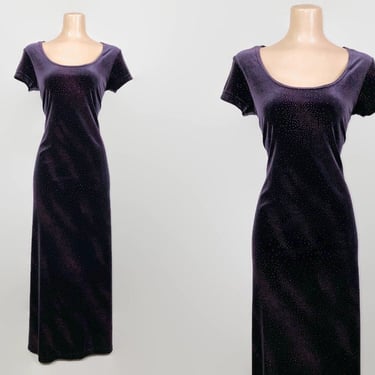 VINTAGE 90s Glitter Sparkle Purple Velvet Cocktail Prom Dress | 1990s Sexy Formal Stretch Gown | 90's Party Dress Size 11/12 