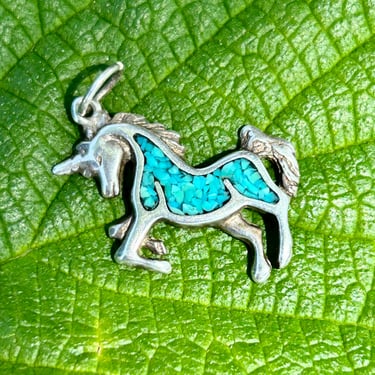Sterling Silver Turquoise Chip Pendant Charm Unicorn Horse Native American Retro Vintage Handmade Jewelry 
