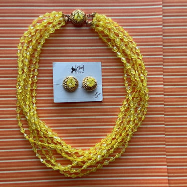 vintage yellow prism necklace and earrings 1950s multi strand and clip ons 