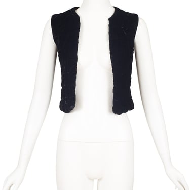 Courrèges 1970s Vintage Quilted Black Velvet Cropped Vest Sz XS 