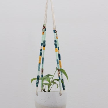 Handmade Hanging Ceramic Planter - Speckled White Flower Pot With Gold Ring - Clay Basket Hanger - Modern Pottery - Indoor Ceiling Garden 