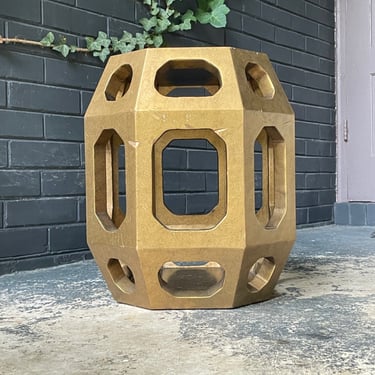 Vintage 1970s Geometric Golden Egg Side Table Glam Post Modern Chinoiserie Plant Stand Pedestal 