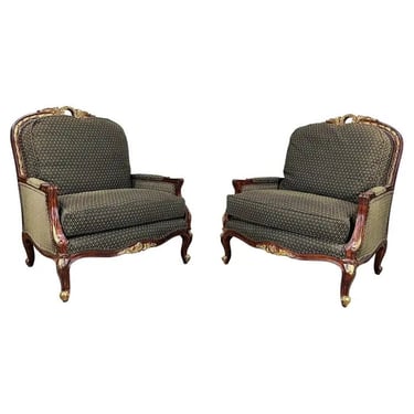 Louis XV Style Gold & Black Mahogany Oversized Bergere’ Lounge Chairs 
