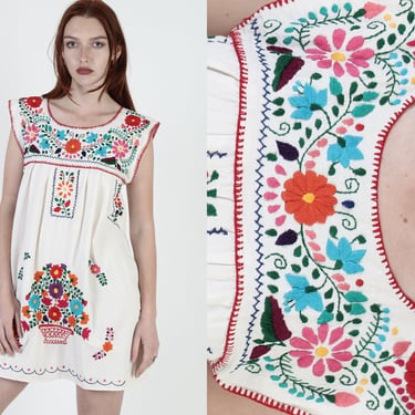 Ivory Cotton Mexican Mini Dress, Vintage Traditional Dress From Mexico, Bright Floral Fiesta Clothing Embroidered Tank Dress 