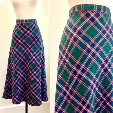 Vintage 70s PLAID Midi Skirt / PENDLETON Wool / Plaid On Bias / Side Zip / Forest Green + Navy Blue + Red 