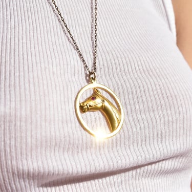 Vintage 14K Gold Horse Quarter Pendant Necklace, Horse Head Circle Pendant, Ruby Eye, Brilliant Diamond, Cable Link Chain, 585 Equestrian 