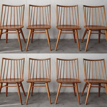 Set of 8 Minimalist Mid Century Spindle Back Dining Chairs by Conant Ball 