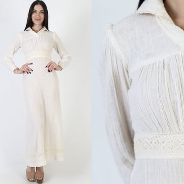 Simple Bohemian Gauze Wedding Dress Vintage 70s Crinkle Cotton Maxi Muslin Material Prairie Style Dress 