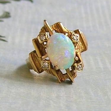 Vintage 1930's 9CT Gold Opal and Diamond Ring, 9K Gold Ring with Opal, 9CT Gold Opal  Ring, Opal Statement Ring, Size 5 (#4552) 