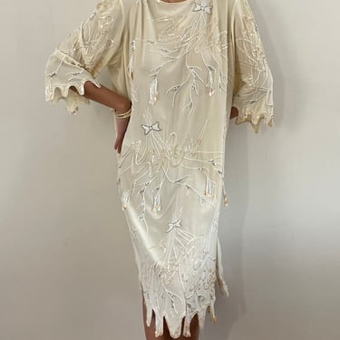 90s beaded silk dress / vintage creamy white sheer silk hand beaded embellished tunic dress | L 