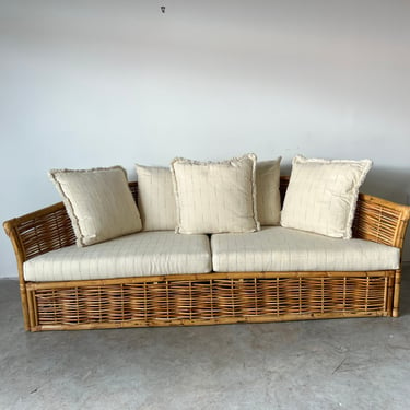 Vintage Boho Chic Curved Back Rattan Sofa 