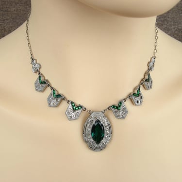 Vintage 1930s Art Deco Pot Metal Choker Necklace with Green and Silver Rhinestones 16